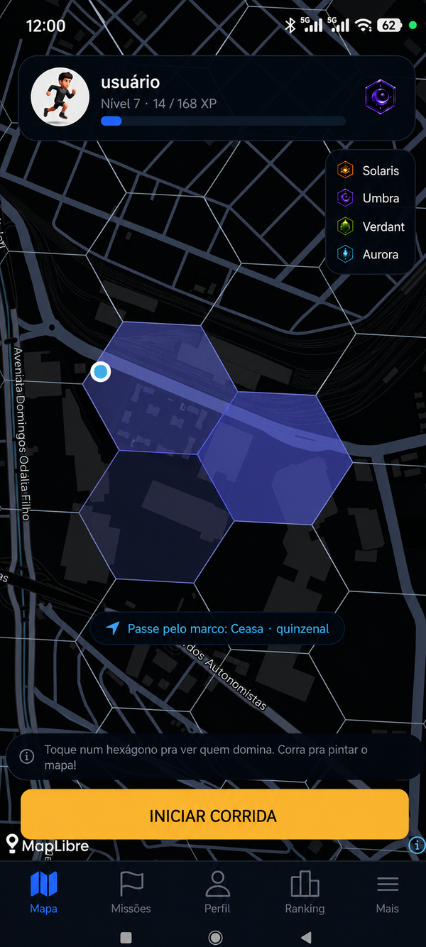 Tela do mapa do Territory Run com hexágonos conquistados